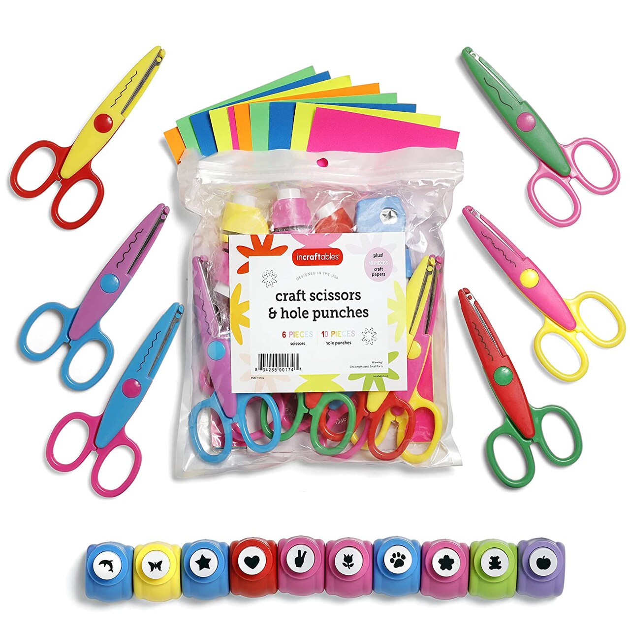 Incraftables 6pcs Decorative Pattern Edge Craft Scissors with 10pcs Small Paper Hole Punch Shapes & 10pcs Colorful Papers. Best for Fun DIY Scrapbooking & Crafting Projects for Kids & Adults
